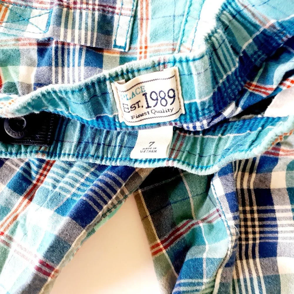 Children's Place Boys Shorts Blue Plaid Adjustable Waist Pull On Size 7
